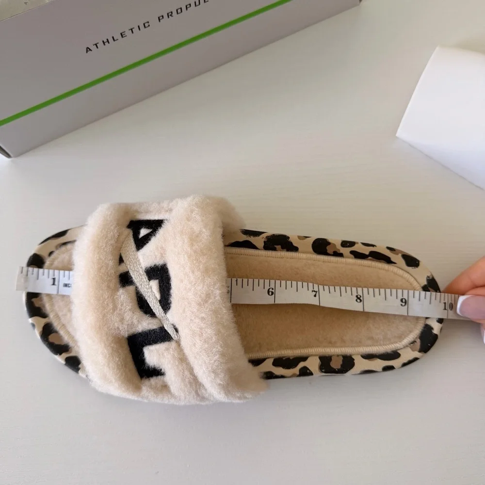 New! APL Beige Fuzzy Slide Sandals with Leopard Trim and Black Logo, Size 7